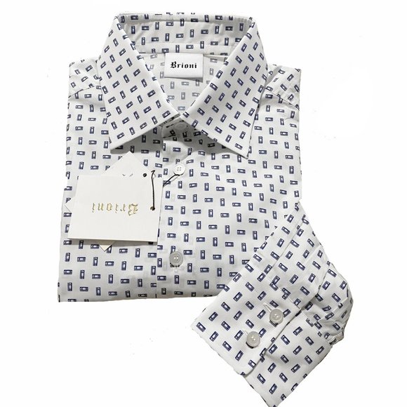 NEW $675 Brioni Fine Cotton Shirt! LVintage Inspired White With Blue VHS Tapes